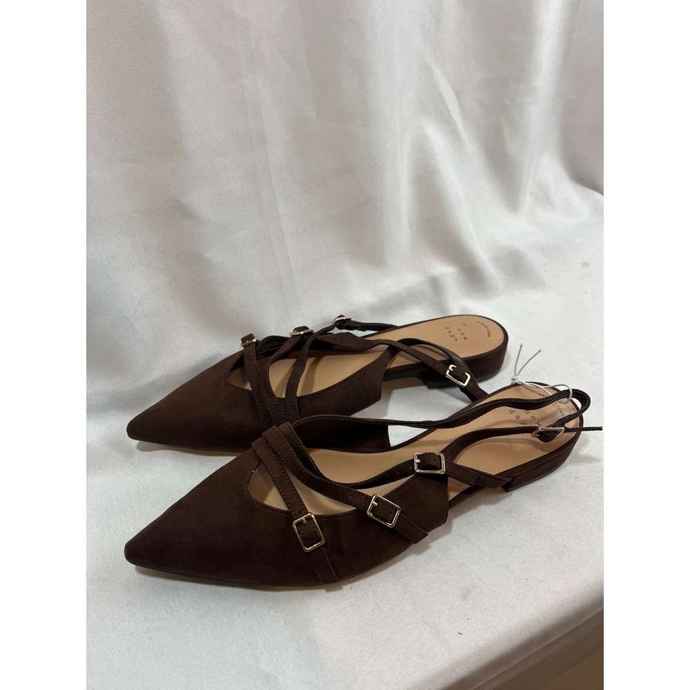 A New Day Brown Faux Suede Pointed Toe Buckle Strap Slingback Flats Womens 10
